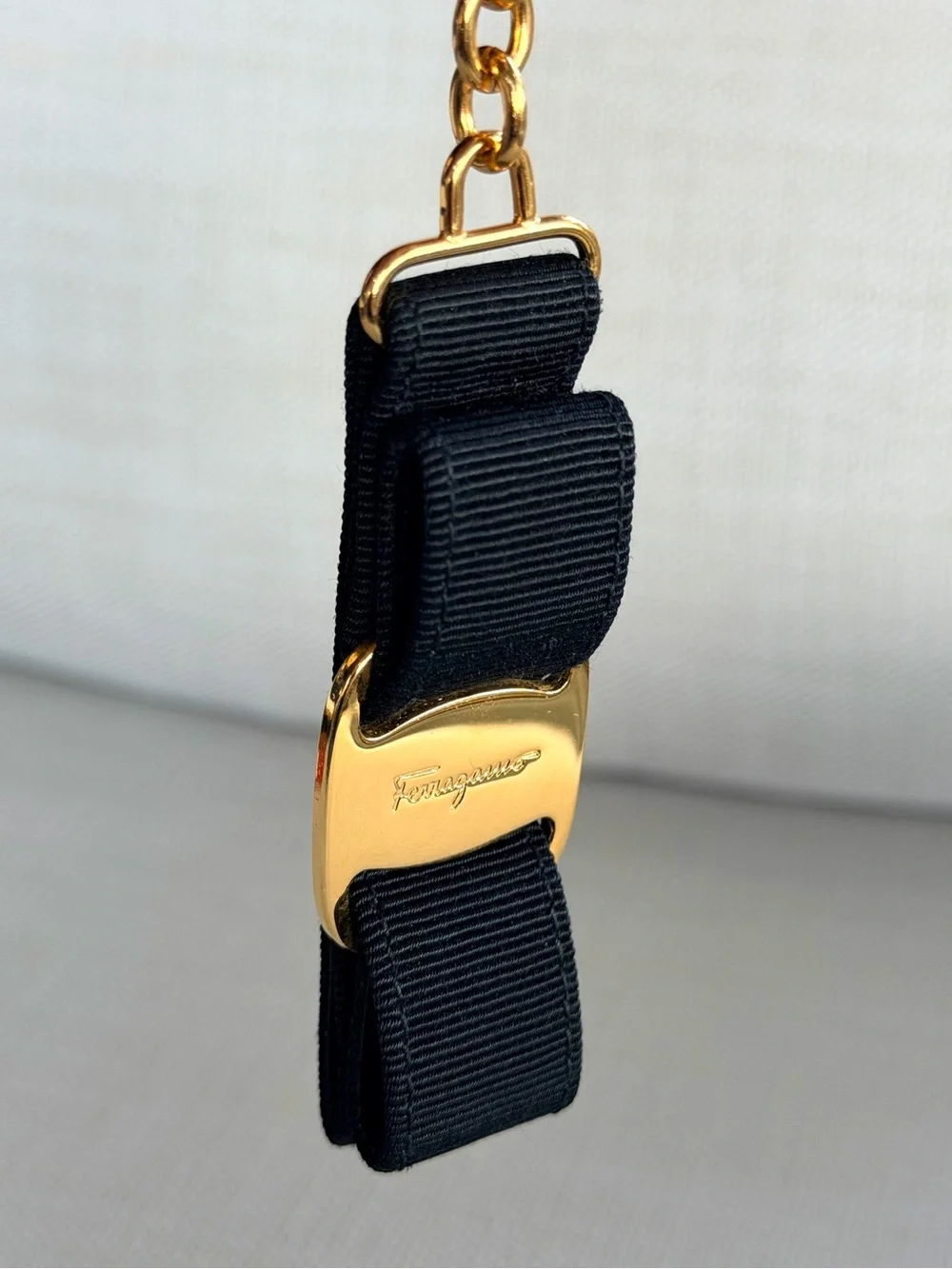 SALVATORE FERRAGAMO Vara Bow Black Gold Keychain Bag Charm w/ Box